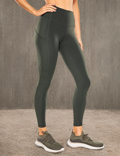 Womens Naked Feeling High Waist Workout Leggings 25'' - Yoga Pants with Side Pockets Grey Olive X-Small
